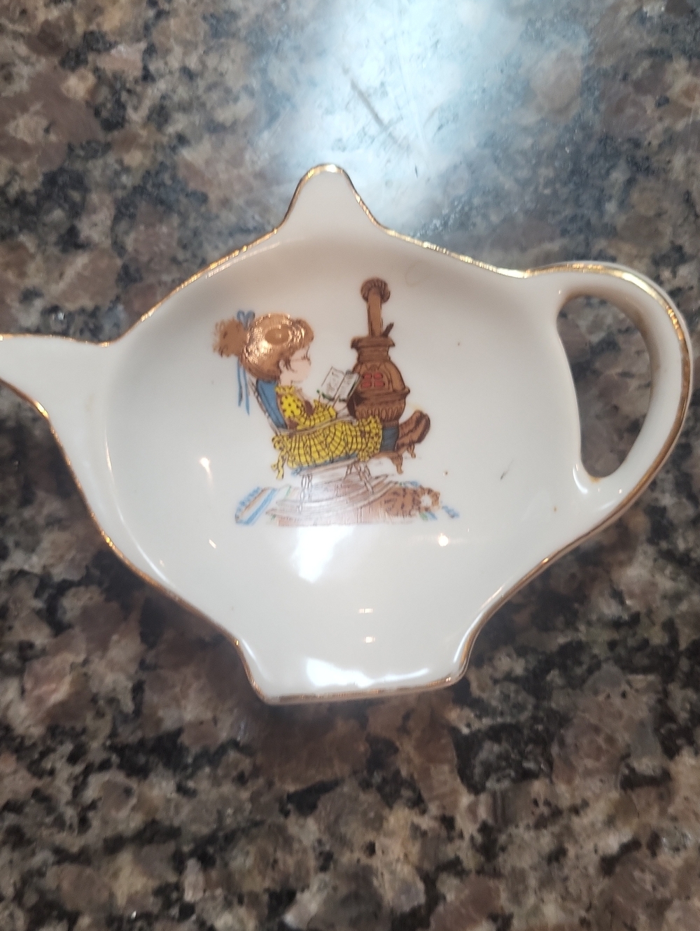 Vintage White and Gold Ceramic Spoon Rest with Illustrated Motif petticoats & pa